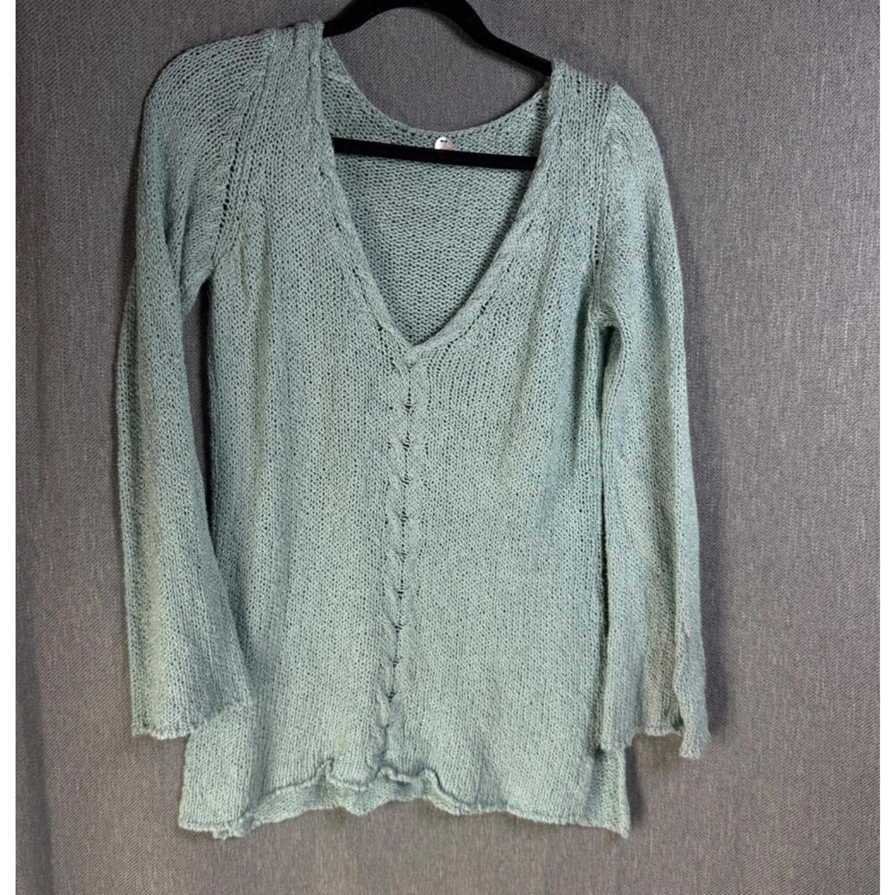 Margaret O'Leary Women's S/M Cable Knit V-Neck‎ Sweater Green Blue